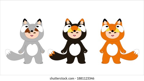 Cute children wear fox costume. Anime illustration in white background. Vector cartoon of  kawaii children in furry costumes set. Isolated