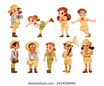 Cute Children Wear Safari Costume and Hat Vector Set