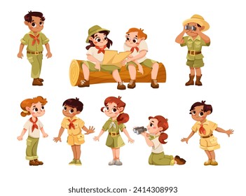 Cute Children Wear Safari Costume and Hat Vector Set