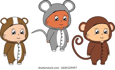 cute children wearing animal pajama cartoon in vector art