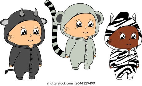 cute children wearing animal pajama cartoon in vector art