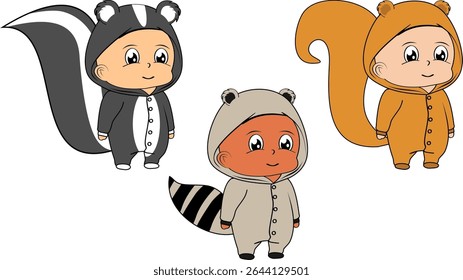 cute children wearing animal pajama cartoon in vector art