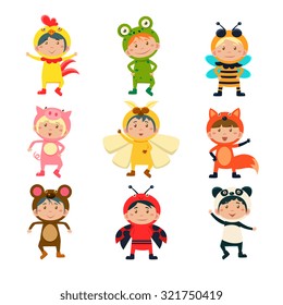 Cute Children Wearing Costumes of Animals Vector Illustration Set