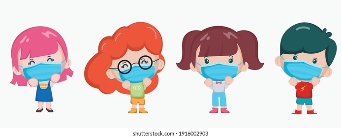 Cute children wearing a face mask character.