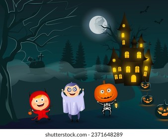 Cute children wearing whimsical costumes and celebrating Halloween. Vector illustration. Jack-o-lanterns made of pumpkins. on street, dark castle, full moon on background. Festive, Halloween concept