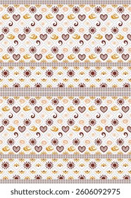 Cute children weather elements seamless pattern. Sun, umbrella, wind, hearts and cute circles. Summer and love. Vector illustration.