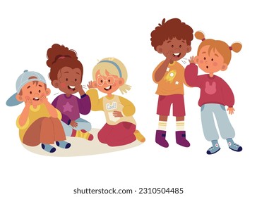 Cute children whisper secrets flat illustrations set. Boys and girls sitting and standing whispering and speaking. Dialogues design elements