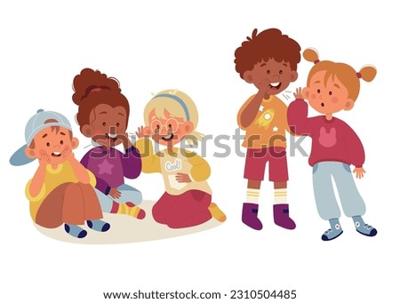 Cute children whisper secrets flat illustrations set. Boys and girls sitting and standing whispering and speaking. Dialogues design elements