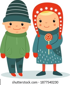 Cute children in winter clothes. Boy and girl in hats, mittens, warm coats. Funny cartoon characters. Vector illustration isolated on white background