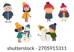 Cute children in winter clothes building snowmen, boys and girls. A set of flat vector illustrations. 