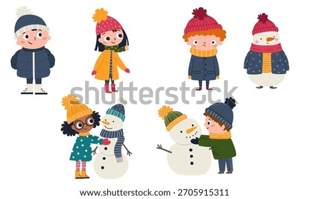 Cute children in winter clothes building snowmen, boys and girls. A set of flat vector illustrations. 