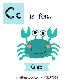 Cute children zoo alphabet C letter tracing of happy blue Crab for kids learning English vocabulary.  