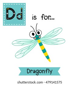 Cute children zoo alphabet D letter tracing of Dragonfly insect for kids learning English vocabulary.  