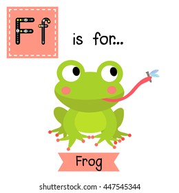 Cute children zoo alphabet F letter tracing of Frog eating fly for kids learning English vocabulary.