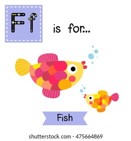 Cute children zoo alphabet F letter tracing of swimmimg colorful Fish for kids learning English vocabulary.   