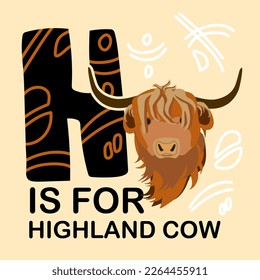 Cute children zoo alphabet H letter of Highland cow for kids learning English vocabulary.