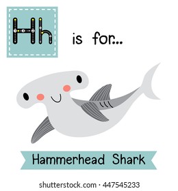 Cute children zoo alphabet H letter tracing of Hammerhead Shark for kids learning English vocabulary.  