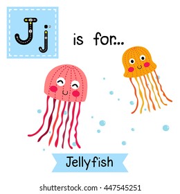 Cute children zoo alphabet J letter tracing of pink and orange Jellyfish for kids learning English vocabulary.  