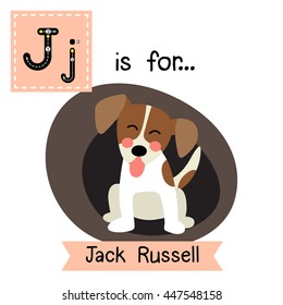 Cute children zoo alphabet J letter tracing of sitting Jack Russell Terrier dog for kids learning English vocabulary.