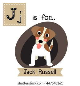 Cute children zoo alphabet J letter tracing of Jack Russell Terrier dog for kids learning English vocabulary.