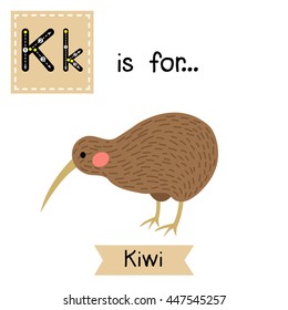 Cute children zoo alphabet K letter tracing of Kiwi bird for kids learning English vocabulary.  