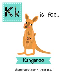 Cute children zoo alphabet K letter tracing of Kangaroo and baby for kids learning English vocabulary.  