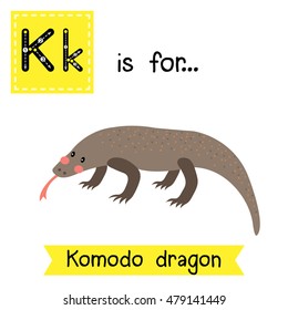 Cute children zoo alphabet K letter tracing of Komodo dragon for kids learning English vocabulary.  