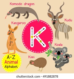 Cute children zoo alphabet K letter tracing of funny animal cartoon for kids learning English vocabulary. 