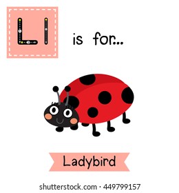 Cute children zoo alphabet L letter tracing of Ladybird for kids learning English vocabulary.   