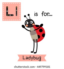 Cute children zoo alphabet L letter tracing of standing Ladybug for kids learning English vocabulary.  