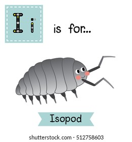 Cute children zoo alphabet I letter tracing of Isopod for kids learning English vocabulary.   