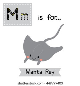 Cute children zoo alphabet M letter tracing of Manta ray for kids learning English vocabulary.  