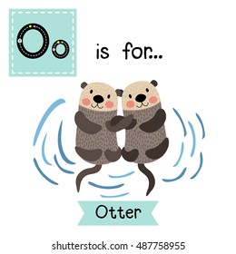 Cute children zoo alphabet O letter tracing of Otter couple holding hands for kids learning English vocabulary.   