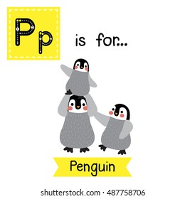 Cute children zoo alphabet P letter tracing of Penguin family for kids learning English vocabulary.  