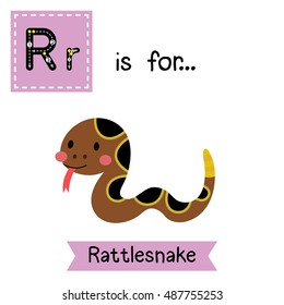 Cute children zoo alphabet R letter tracing of Crawling Rattlesnake for kids learning English vocabulary.   