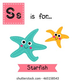 Cute children zoo alphabet S letter tracing of smiling Starfish for kids learning English vocabulary.  