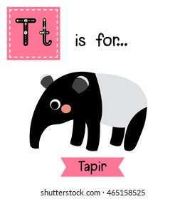 Cute children zoo alphabet T letter tracing of standing Tapir for kids learning English vocabulary.  