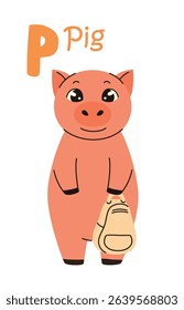 Cute children's alphabet. Pig and letter P. Animals and letters of the alphabet. Flat vector illustration.