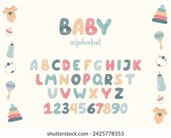 Cute Children's Alphabet in Scandinavian style. Capital letters, numbers and Baby accessories Isolated on white. Hand drawn Font in pastel Colors. Cartoon letters to Design Kids print materials