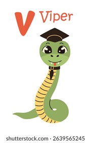 Cute children's alphabet. Viper and letter V. Animals and letters of the alphabet. Flat vector illustration.