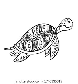 Cute children's animal coloring book. Wildlife, turtle, marine, sea turtle, reptile, fauna, development. Simple naive doodle style. Black and white vector illustration for a coloring book
