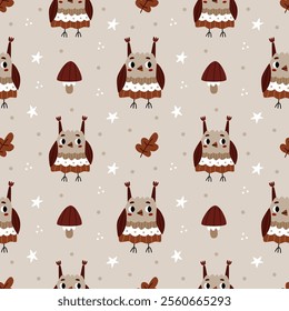 Cute children's autumn pattern in a naive style with owls and mushrooms and leaves.Forest seamless pattern with cute owls.