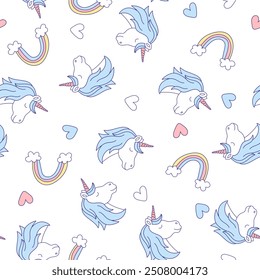 Cute children's background with a cute unicorn. Seamless pattern with rainbow and unicorn.