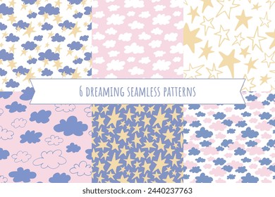 Cute childrens backgrounds set. Hand drawn clouds and stars seamless patterns. Vector abstract designs for kids