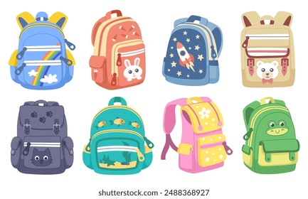 Lindas mochilas para niños colección. De vuelta a la escuela coloridas mochilas escolares con pequeños animales divertidos. Fondo blanco