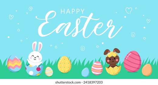 Banner para niños con conejo marrón y blanco con huevos con estampado de colores. Personajes animales al estilo de las caricaturas. Ilustración vectorial para las vacaciones de primavera de Pascua. Feliz Pascua.