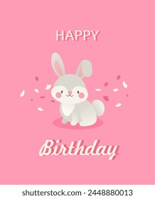 Cute children's birthday card. Bunny illustration. Happy Birthday text.