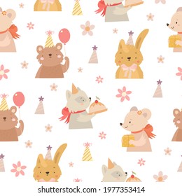 cute childrens birthday pattern. cute animals. bear with a gift and a balloon. bunny in a cap