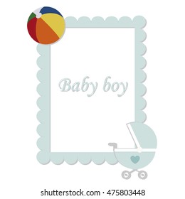 cute children's blue square frame with a ball and a stroller. Template for greetings or page album or scrapbook. Vector illustration. Baby shower or arrival. Baby boy