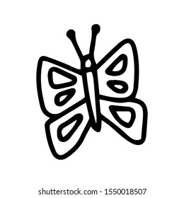Cute children's butterfly. Vector doodle illustration isolated on white background. Outline artwork print for cup, t shirt, postcard, book, kids clothes, coloring book. Black cartoon field insect.